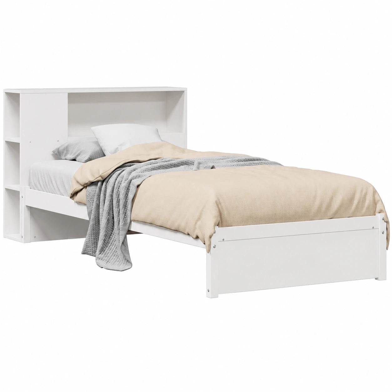 Letto singolo salvaspazio in legno di pino bianco con scaffale integrato