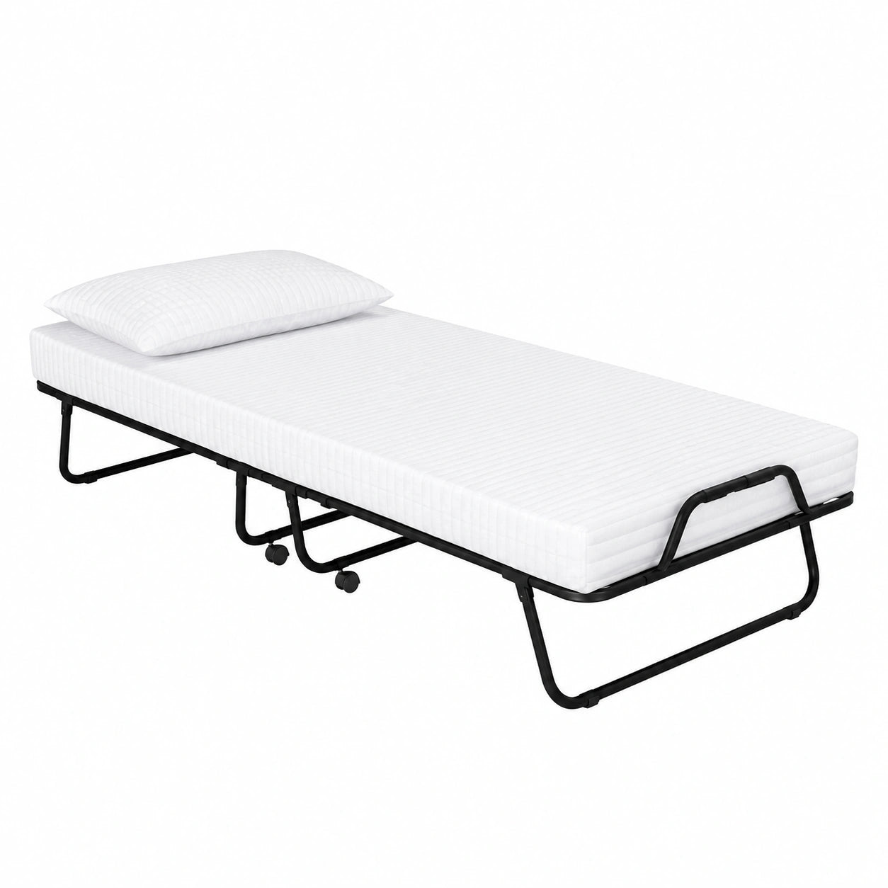 Letto Brandina Pieghevole con Materasso Memory Foam 12 cm, Struttura in Doghe 90x200, Incluso Cuscino Omaggio - Design Salvaspazio con Rotelle