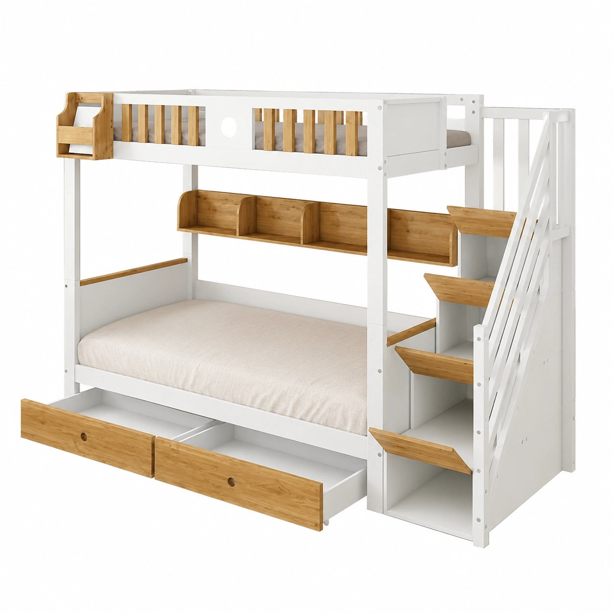 Letto a castello 90x200 cm con scala, cassetti e lavagna in legno di pino