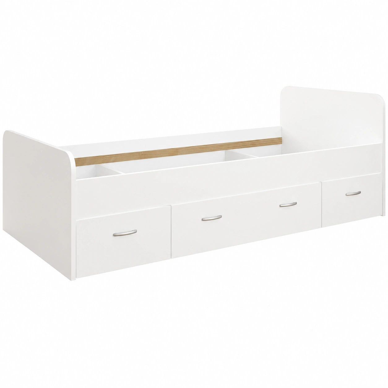 Letto singolo con cassetti in legno bianco opaco, 204x65x95 cm