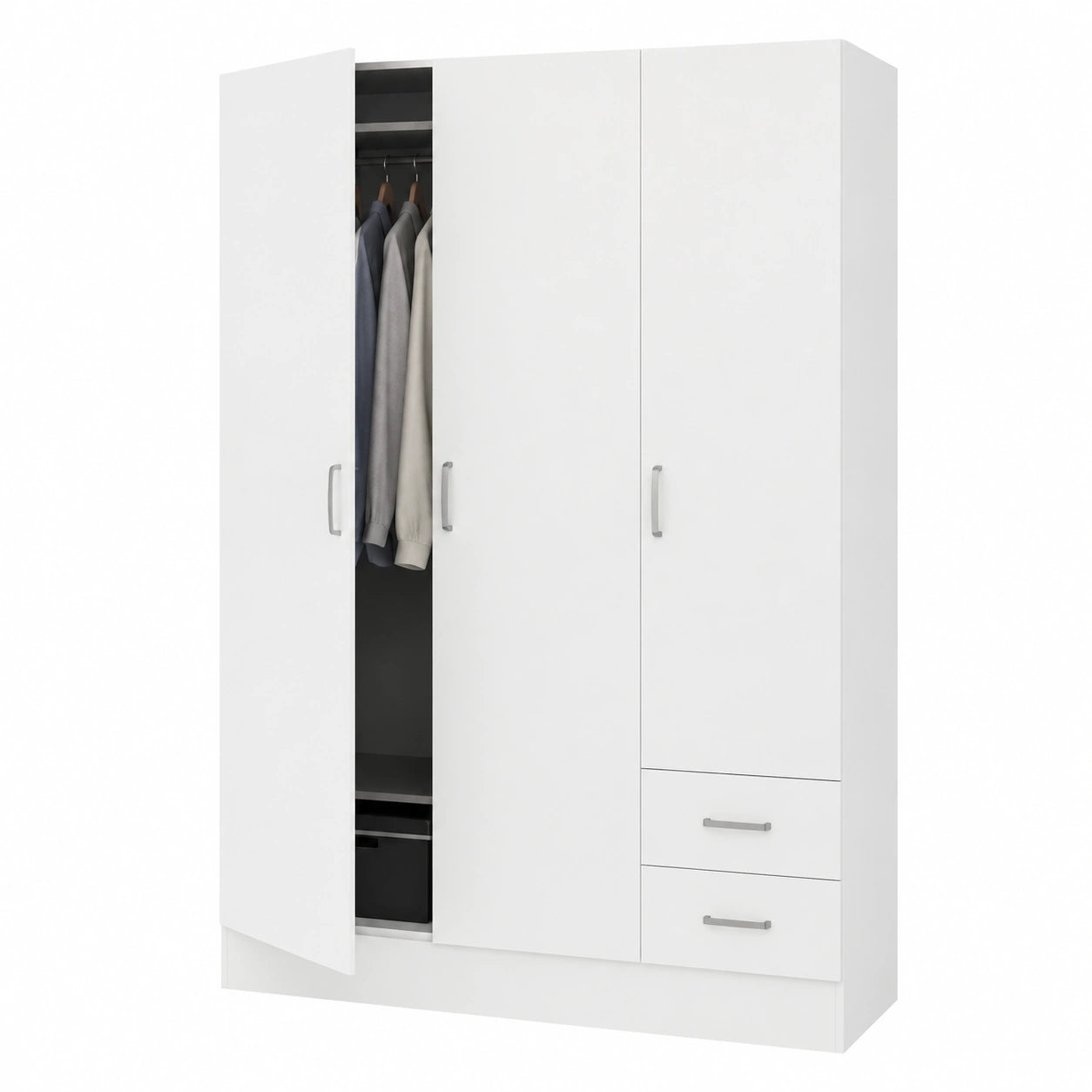 Armadio Guardaroba Bianco con 3 Ante e 2 Cassetti, 120x50x170 cm, per Mansarda e Garage