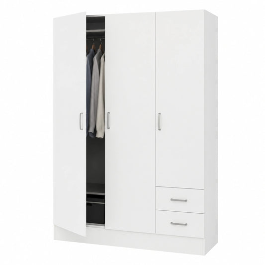 Armadio Guardaroba Bianco con 3 Ante e 2 Cassetti, 120x50x170 cm, per Mansarda e Garage