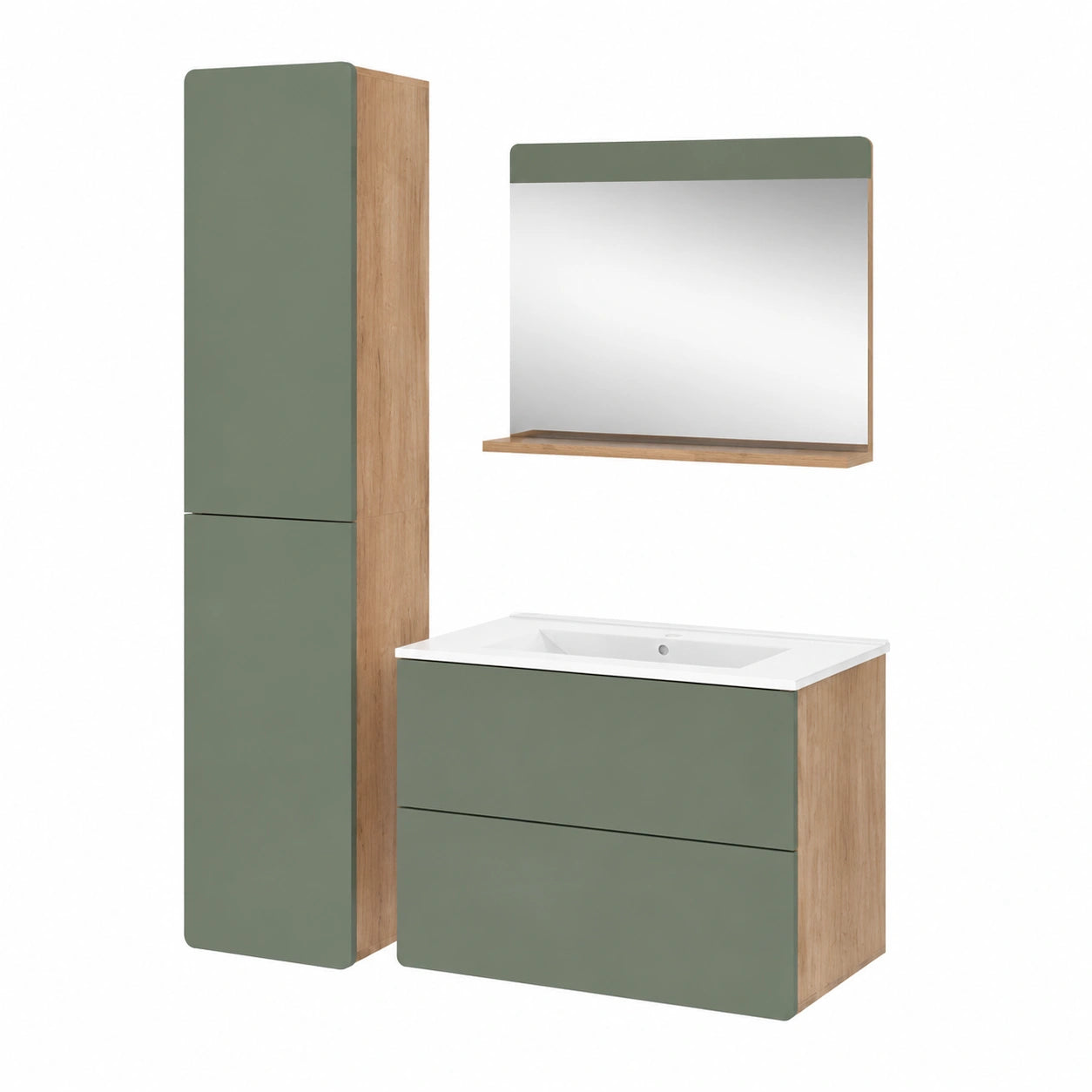 Set mobili bagno Izan 80 cm, rovere dorato e verde, mobile lavabo, armadio alto, specchio