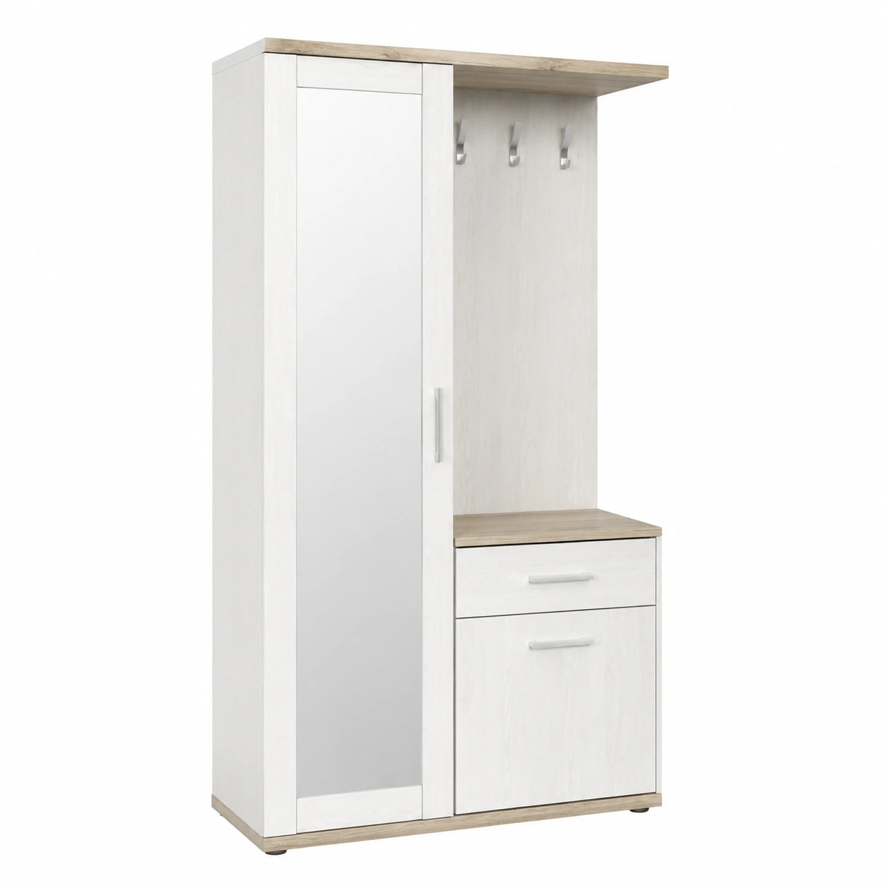 Armadio moderno Rieti, larice bianco e rovere, specchio e cassetto inclusi, 100x191x38 cm