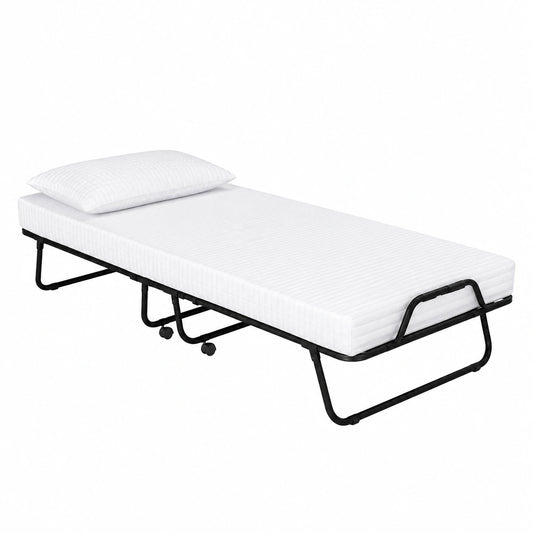 Letto Brandina Pieghevole con Materasso Memory Foam 12 cm, Struttura in Doghe 90x200, Incluso Cuscino Omaggio - Design Salvaspazio con Rotelle