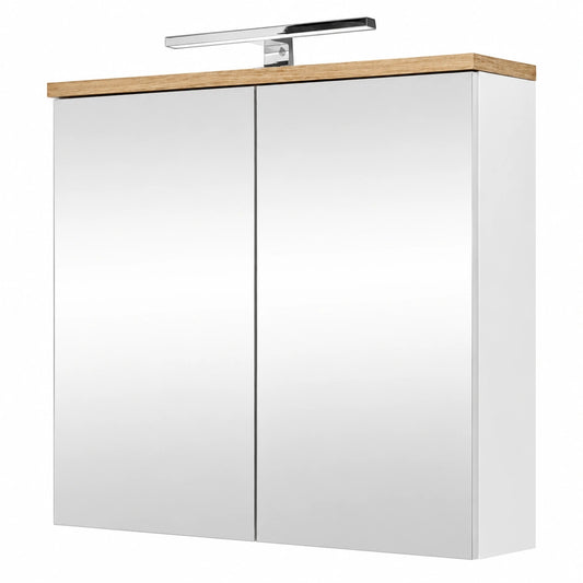 Armadio da bagno con specchio e LED, bianco e rovere Wotan, 80x70x20 cm