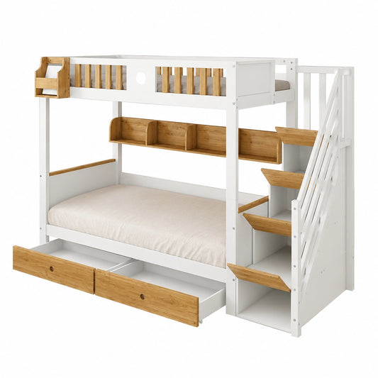 Letto a castello 90x200 cm con scala, cassetti e lavagna in legno di pino