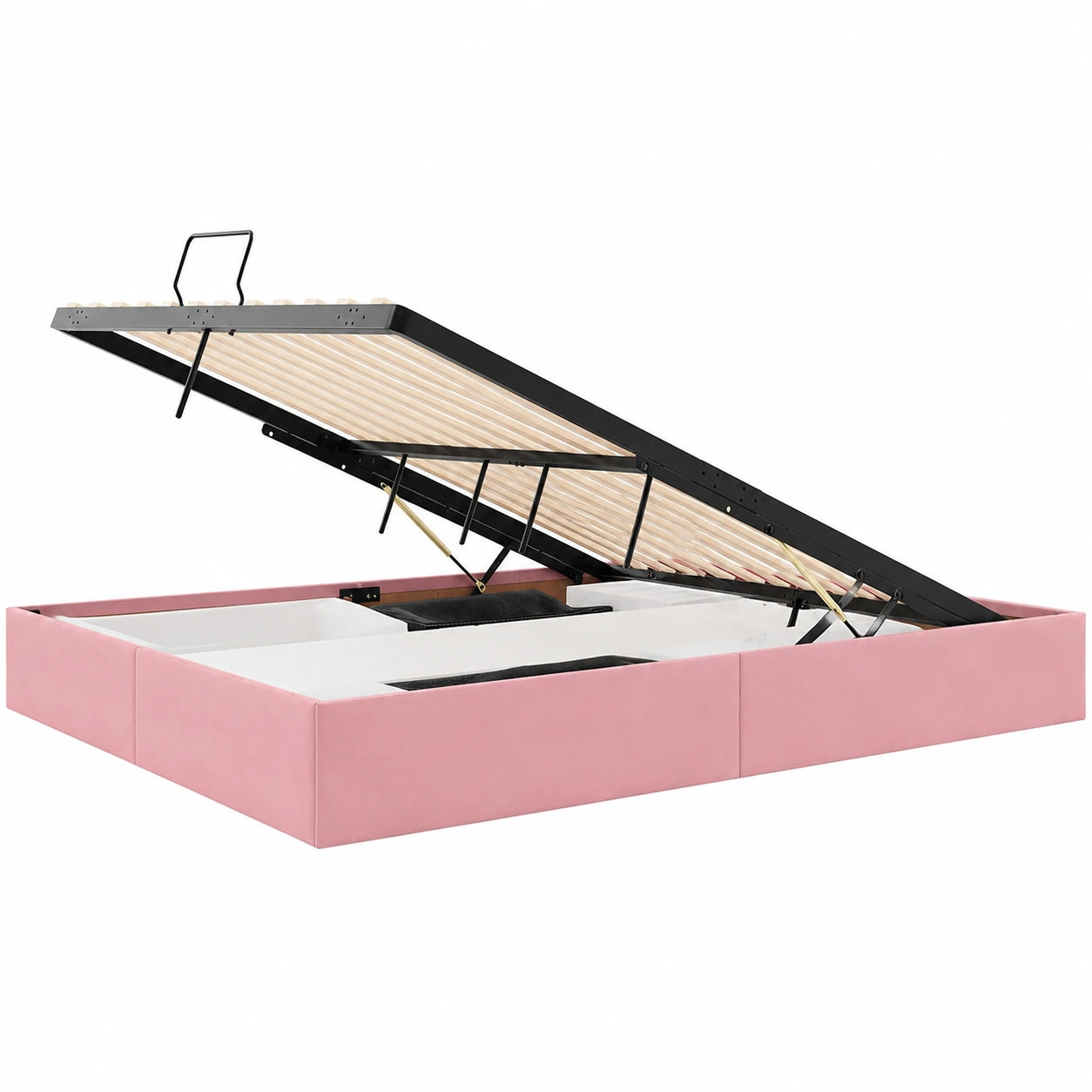 Letto Contenitore in Velluto Rosa 200x200 cm con Sollevamento Idraulico, Struttura Moderna in Metallo, Maniglie Quadrate, Montaggio Facile