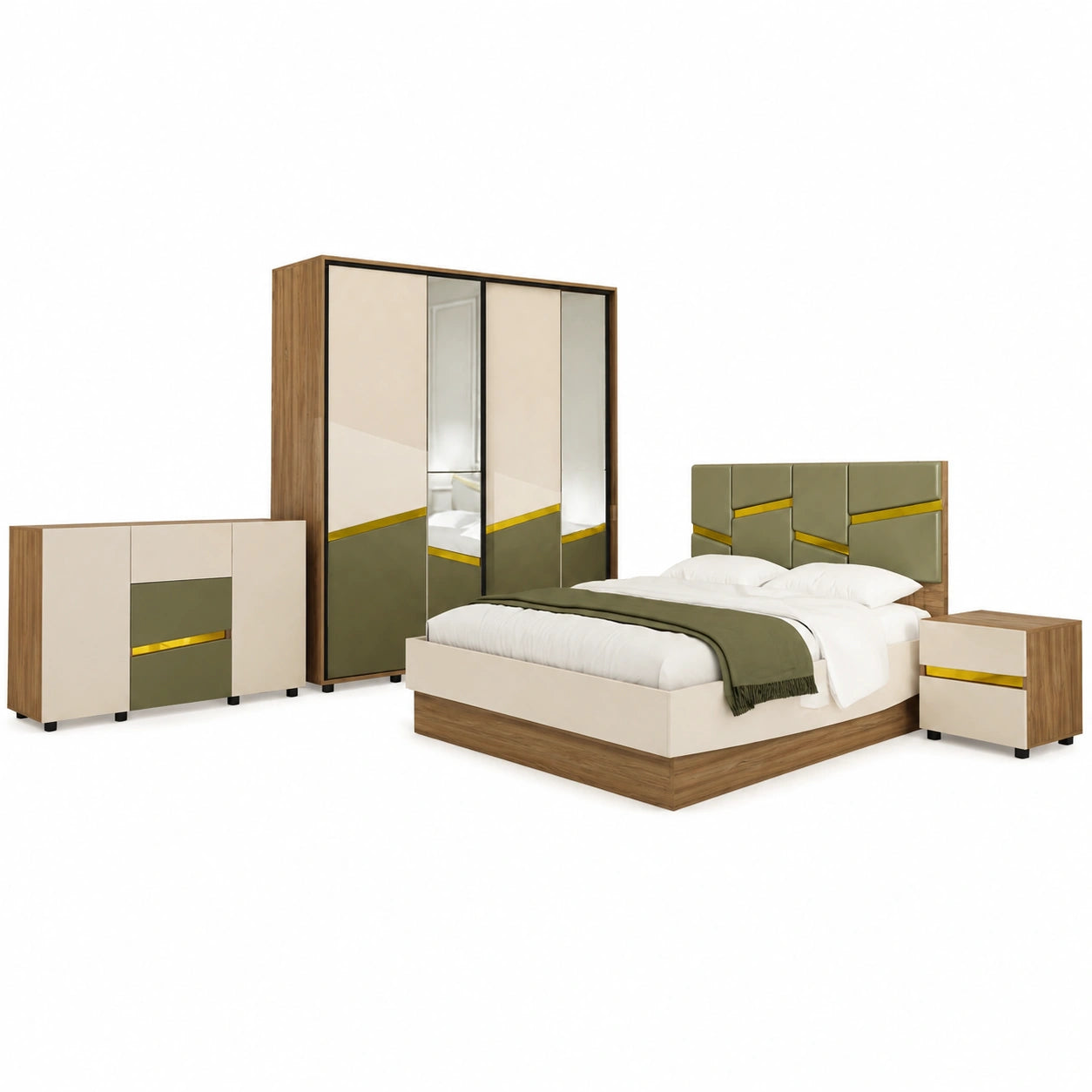 Set Camera Matrimoniale Completa con Letto Contenitore Elevabile, Comodini e Armadio in Noce e Oliva
