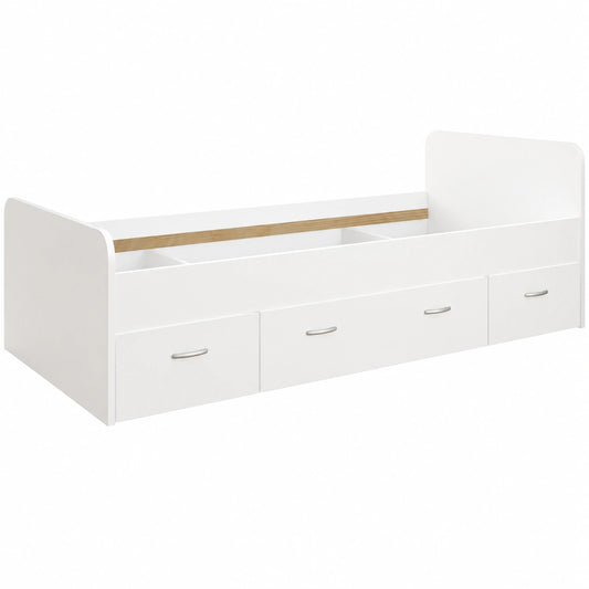 Letto singolo con cassetti in legno bianco opaco, 204x65x95 cm